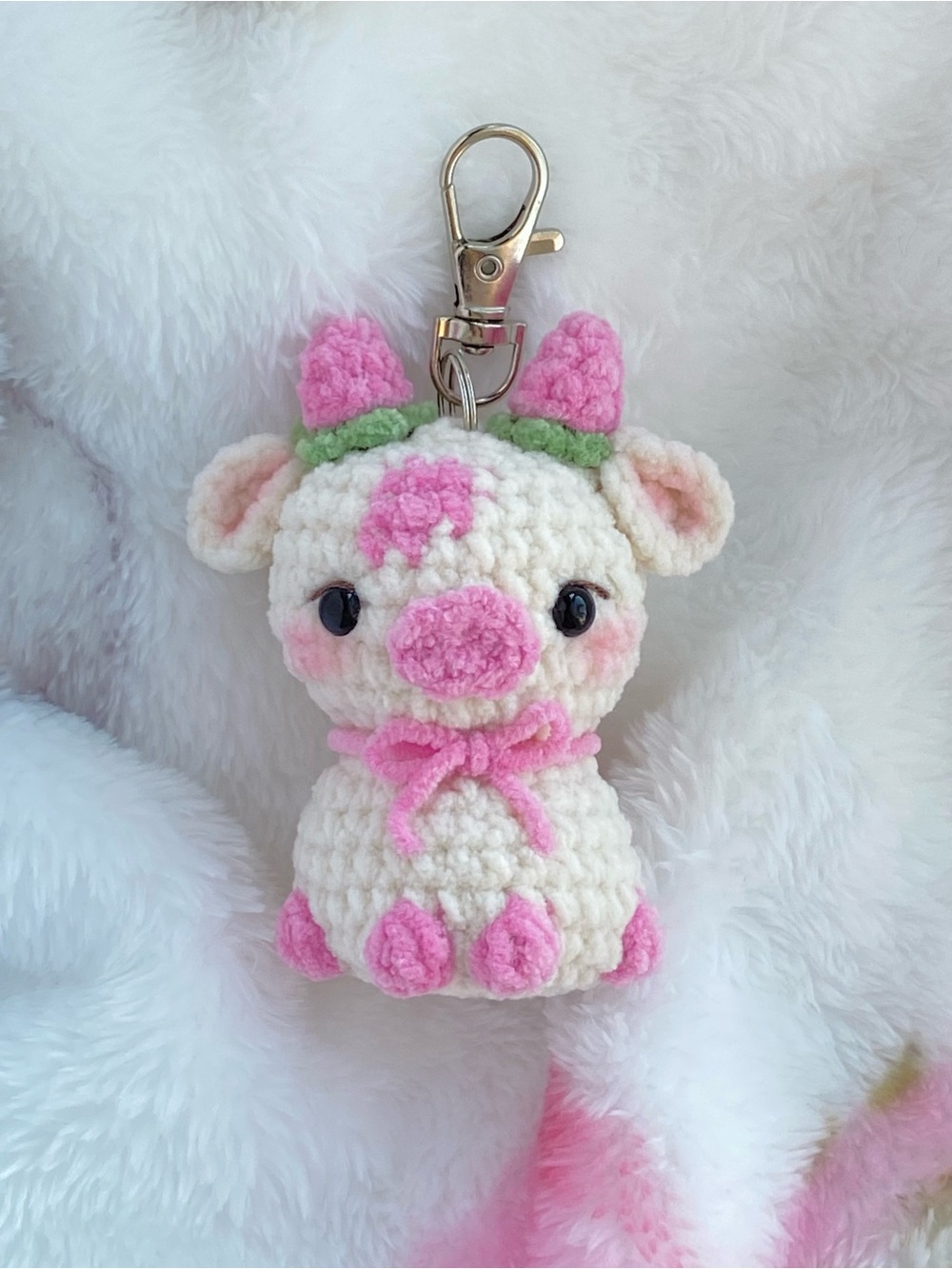 Handmade Crochet Strawberry Cow Keychain